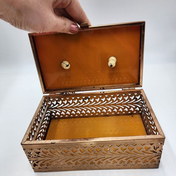 Vintage 1950's Tortoiseshell Amber Color Lucite Brass Filigree Box Purse Beaded - Picture 6 of 13